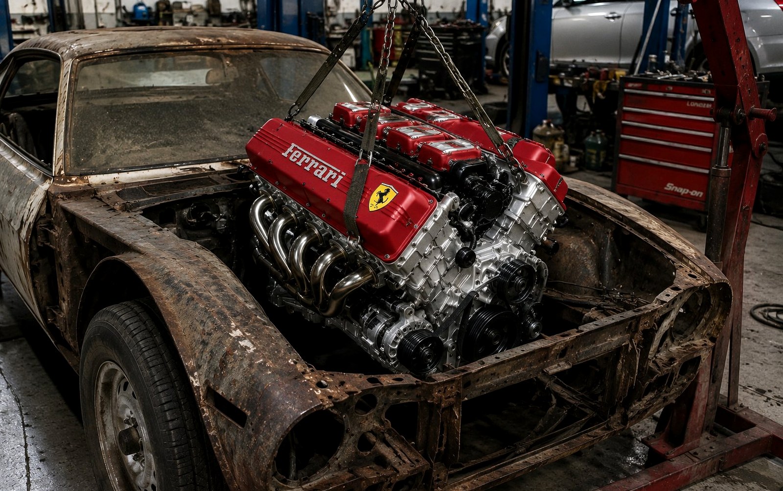 A pristine Ferrari engine being lowered into a rusted shell — AI inheriting its environment