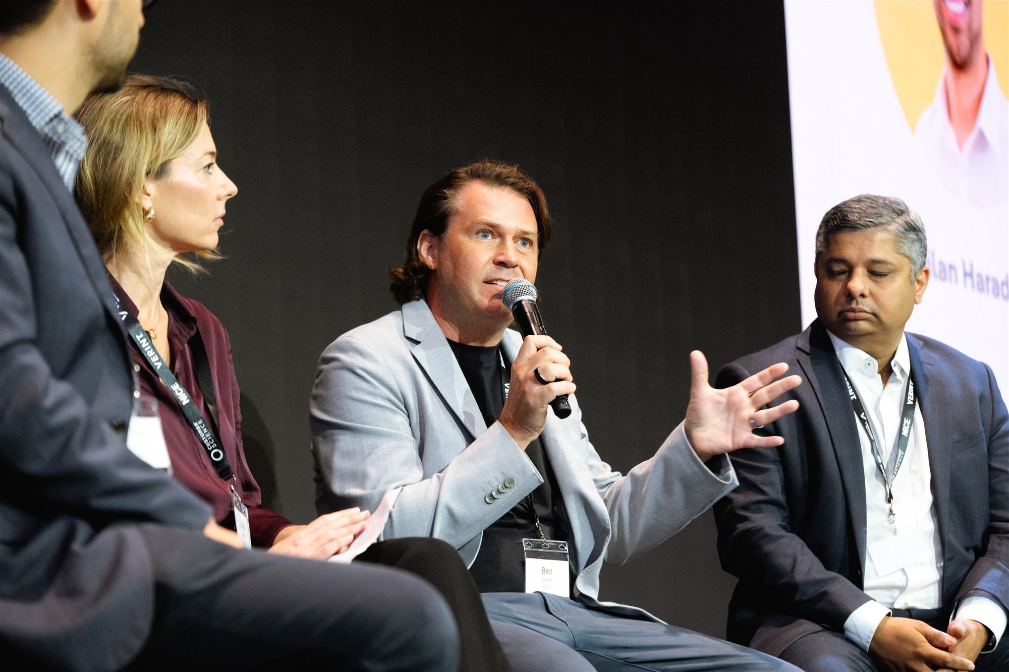 Ben Farrell speaking on a panel with two other panellists at the CX Showcase Breakfast in Sydney